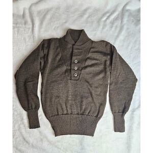 Vintage Military Sweater Mens SMALL 34-36 Brown Wool Henley Pullover Army Field
